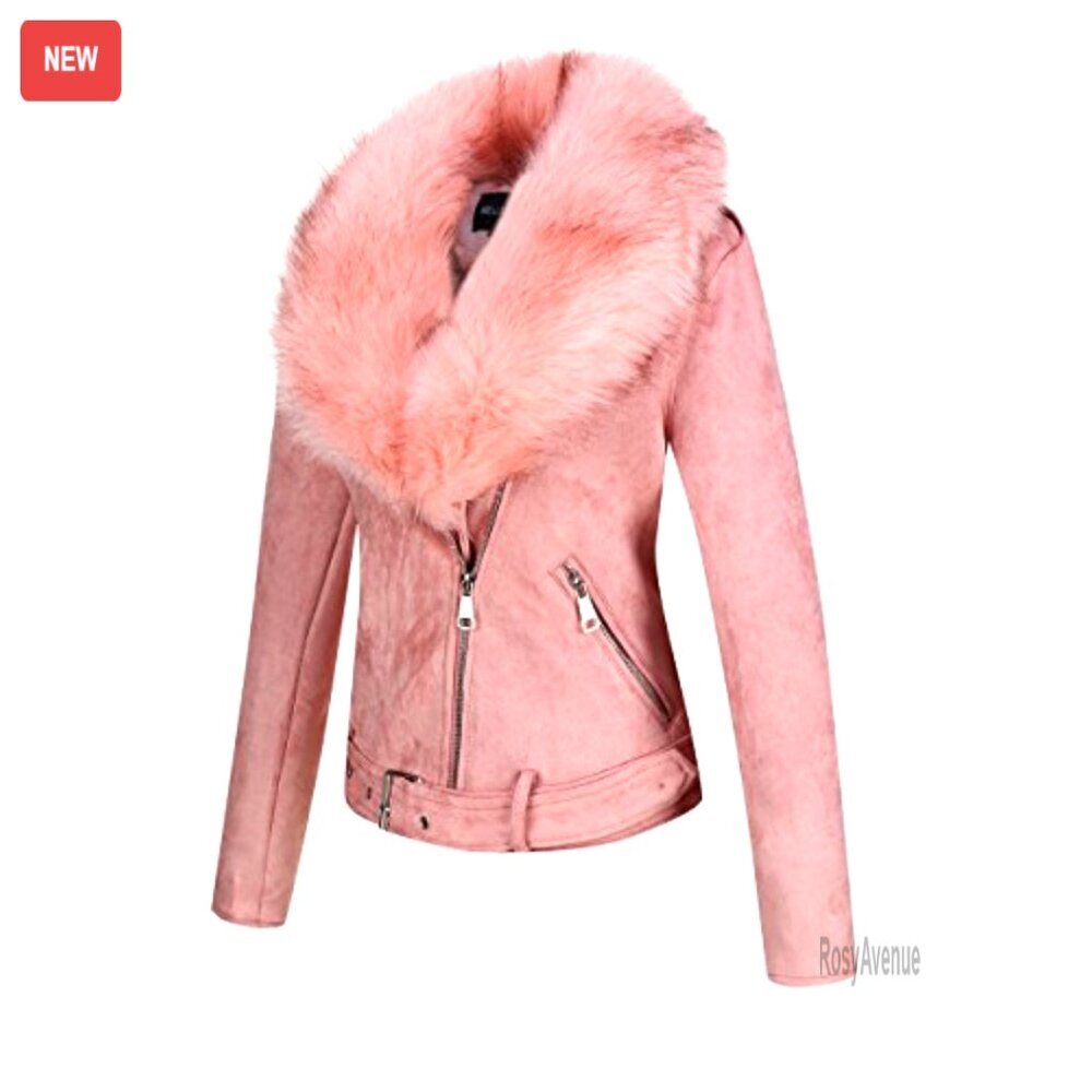 Women's Faux Leather Moto Jacket Sherpa Lined Removable Belt Size M - Picture 4 of 8